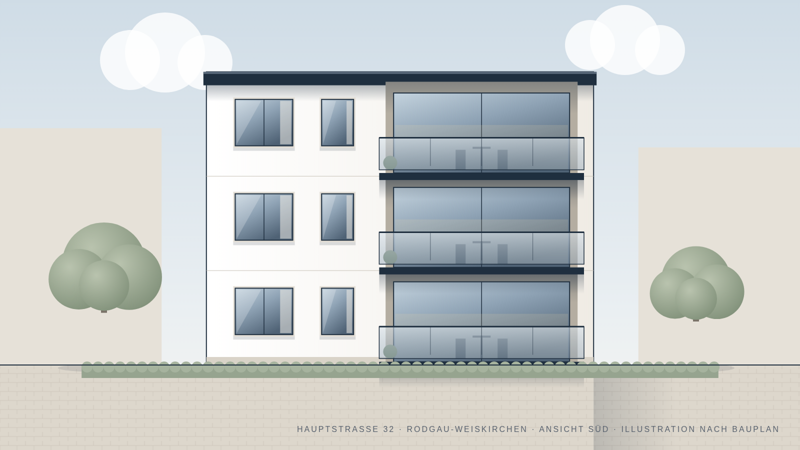 Hauptstraße 32, Hauptstraße 32, Rodgau-Weiskirchen – Ansicht Süd · Illustration nach Bauplan