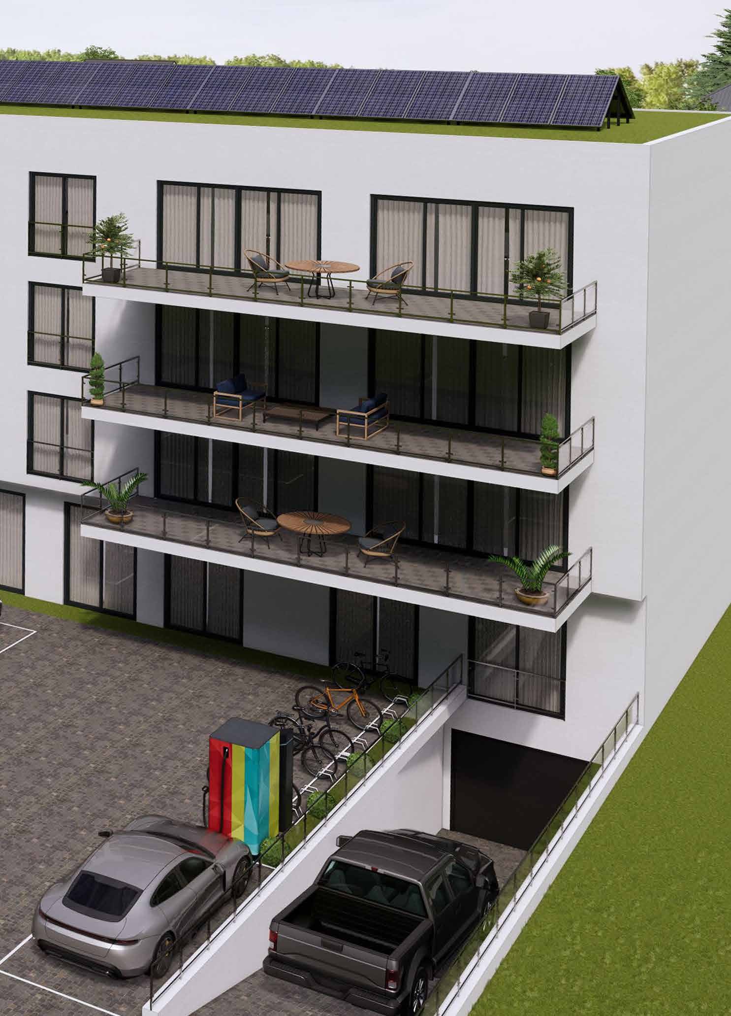 50. Breitengrad, Obere Marktstraße 6, Rodgau-Nieder-Roden – Balkonseite mit Photovoltaik und begrüntem Dach, Visualisierung