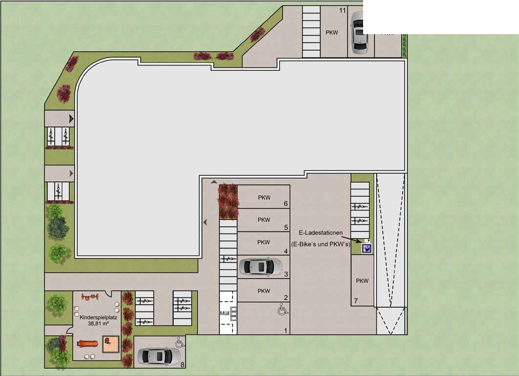 50. Breitengrad, Obere Marktstraße 6, Rodgau-Nieder-Roden – Freiflächenplan mit Stellplätzen, E-Ladestationen und Spielplatz
